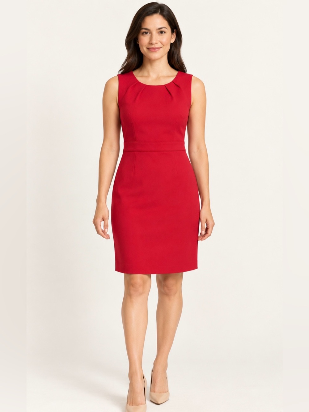 Ann Taylor Petite 6P Red Pleated Neck Sleeveless Sheath Dress Lined
